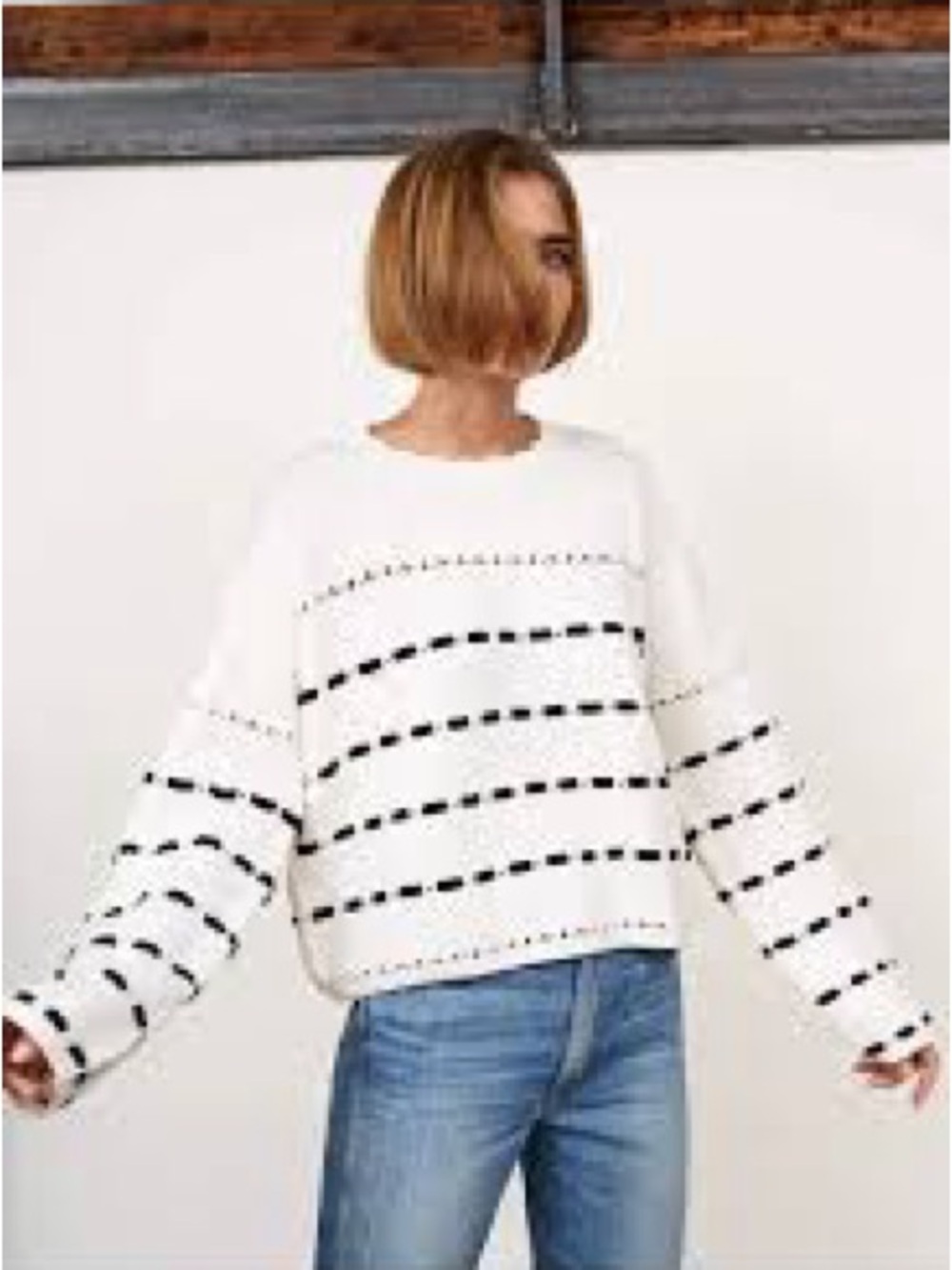 La Ligne White Crewneck Sweater with Black Stripes